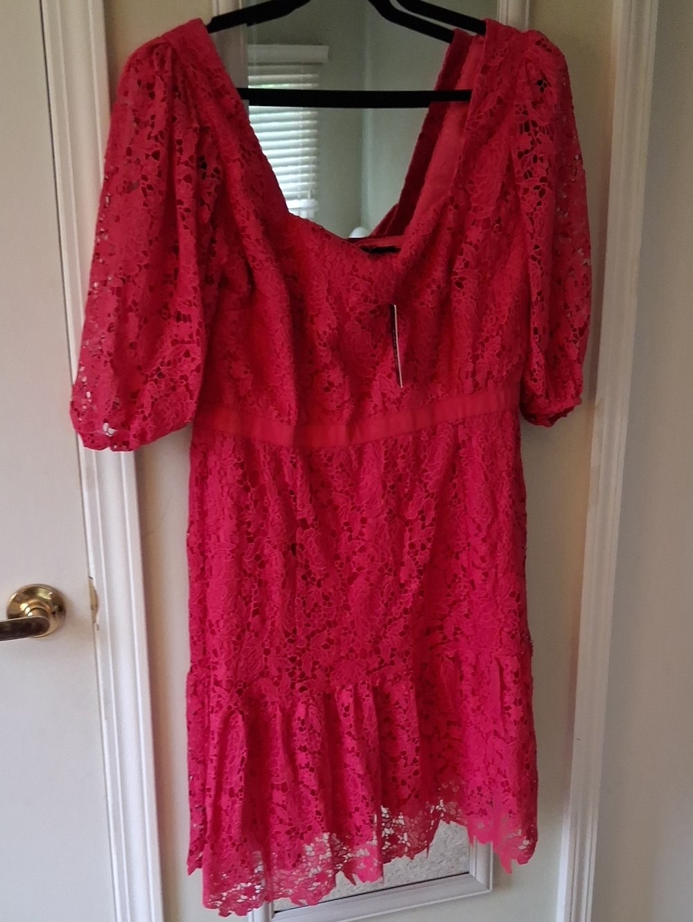 City Chic Bright Pink Lace Midi Dress with Puff Sleeves